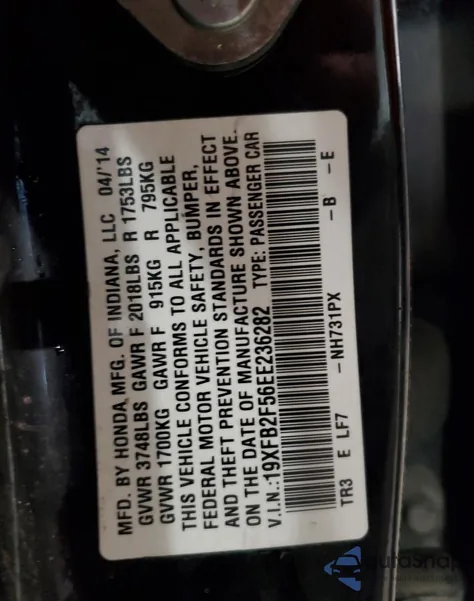 2014 Honda Civic Lx z USA, uszkodzony, nr VIN 19XFB2F56EE236282